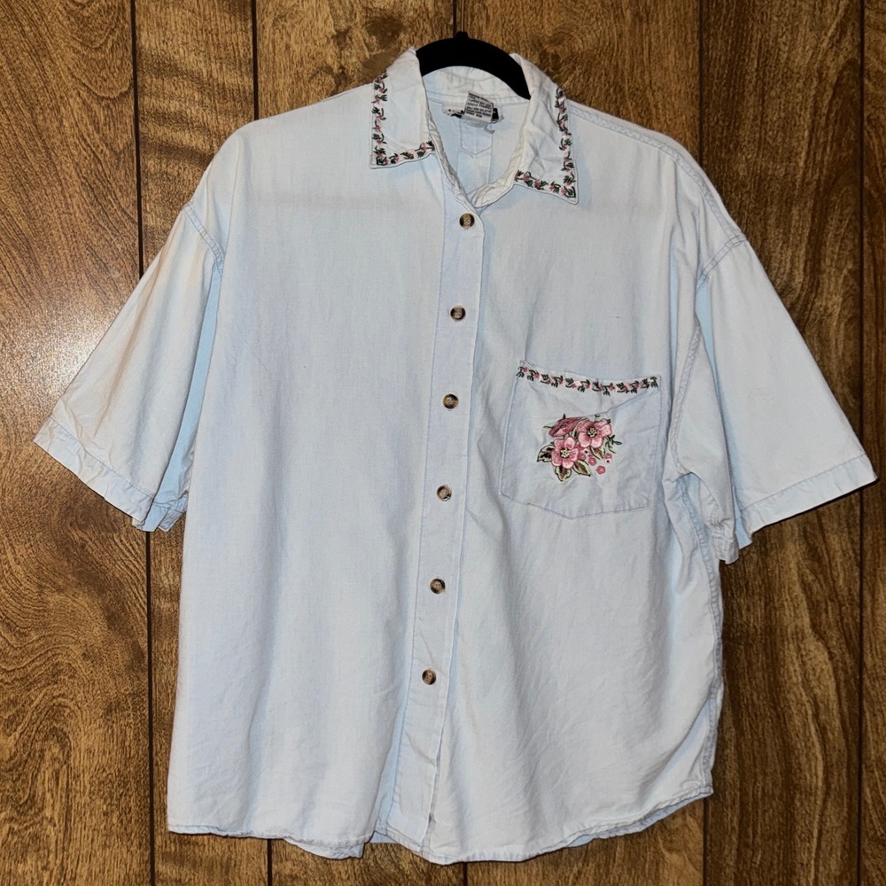 VTG Krazy Kat Denim Jean Button Shirt Floral Embroidered Retro Grunge Trucker L